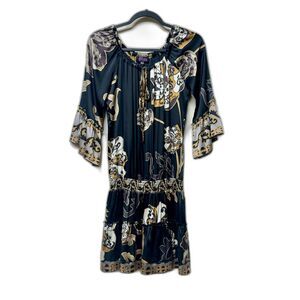 HALE BOB Silk Floral Bell Sleeve Ruffle Detail Smocked Waist Dress, Sz S